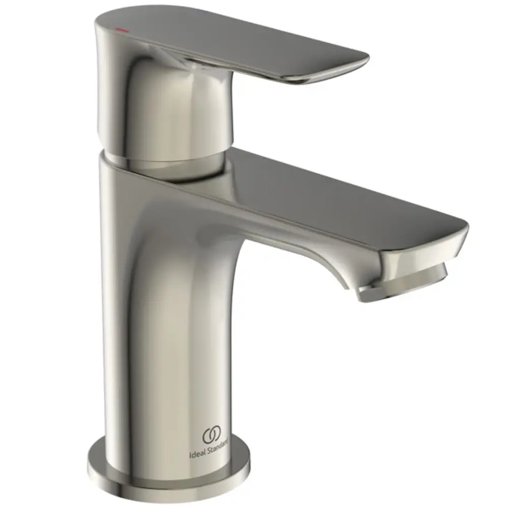 Chromfarbener Wasserhahn von Ideal Standard mit schmalem Auslauf und einem seitlichen Hebel zur Temperatur- und Wassermengenregulierung.